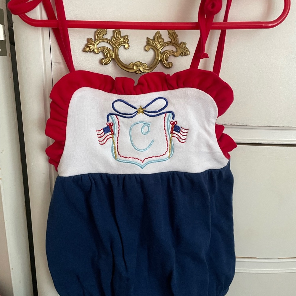 Patriotic monogrammed “c” bubble sunsuit romper